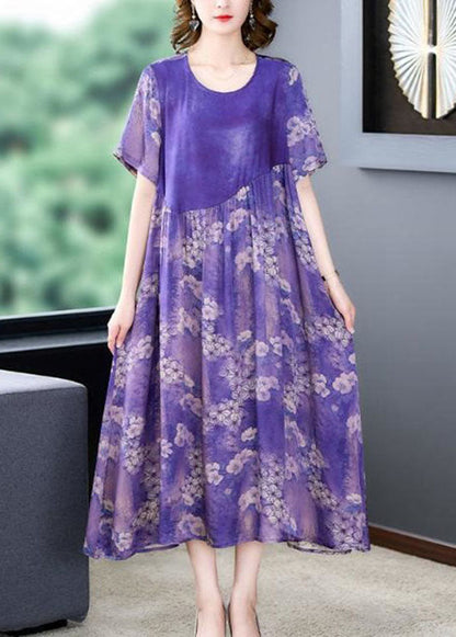 Fashion Purple O Neck Print Wrinkled Patchwork Silk Dress Summer LY4542 - fabuloryshop