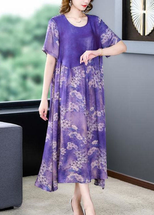 Fashion Purple O Neck Print Wrinkled Patchwork Silk Dress Summer LY4542 - fabuloryshop