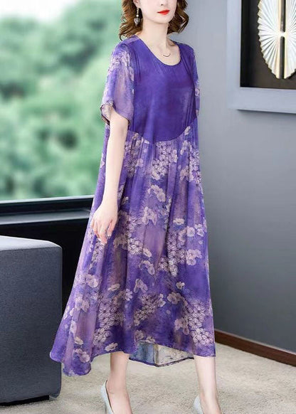 Fashion Purple O Neck Print Wrinkled Patchwork Silk Dress Summer LY4542 - fabuloryshop