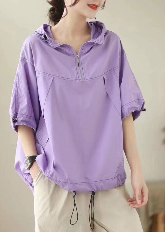 Fashion Purple Patchwork Cotton Solid Hooded Top Short Sleeve LY6901 - fabuloryshop