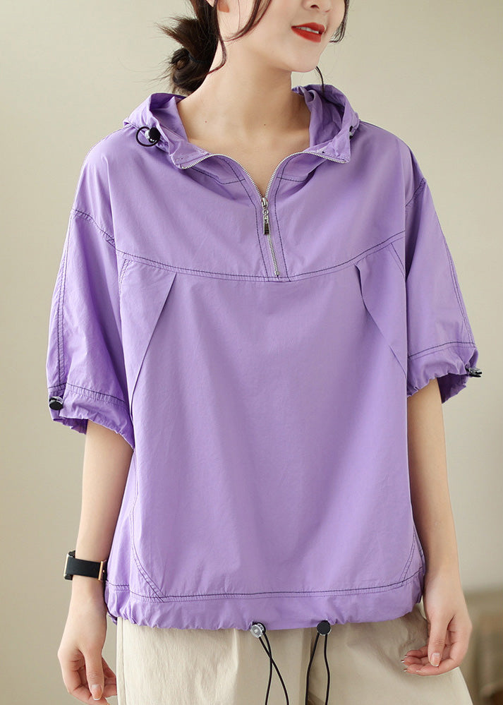 Fashion Purple Patchwork Cotton Solid Hooded Top Short Sleeve LY6901 - fabuloryshop