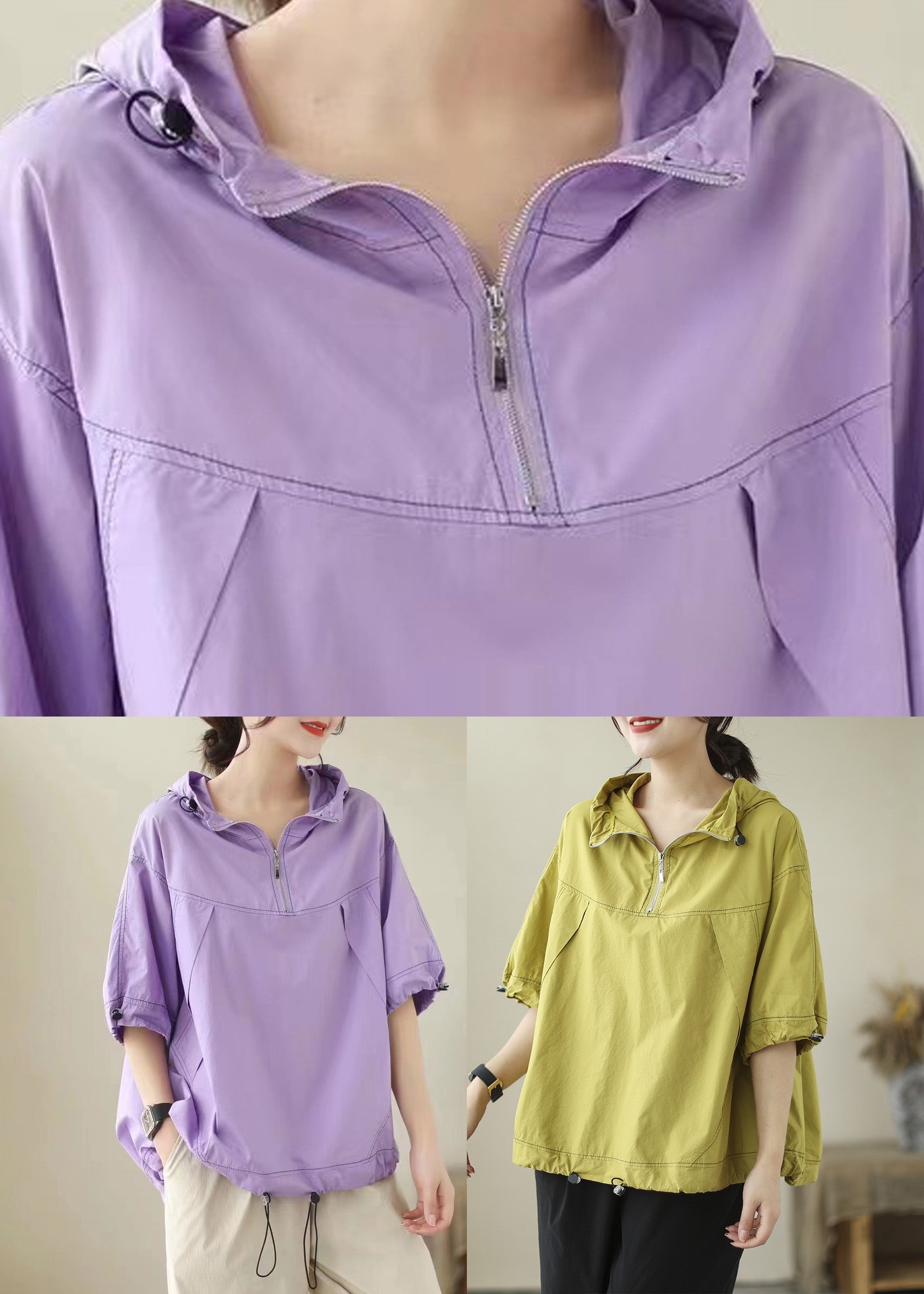 Fashion Purple Patchwork Cotton Solid Hooded Top Short Sleeve LY6901 - fabuloryshop