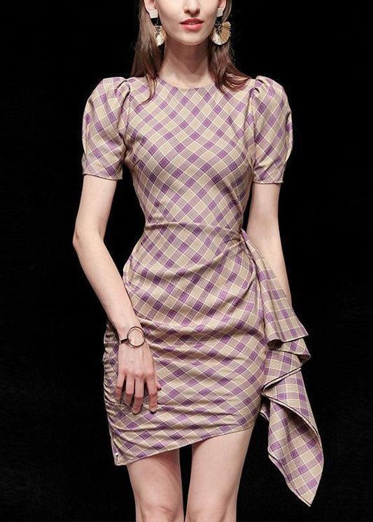 Fashion Purple Plaid O Neck Cotton Slim Fit Dress Summer LY2234 - fabuloryshop