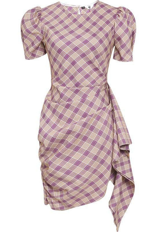 Fashion Purple Plaid O Neck Cotton Slim Fit Dress Summer LY2234 - fabuloryshop