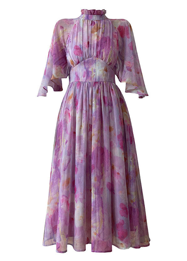 Fashion Purple Ruffled Print Cinched Chiffon Vacation Dress Summer LC0505 - fabuloryshop