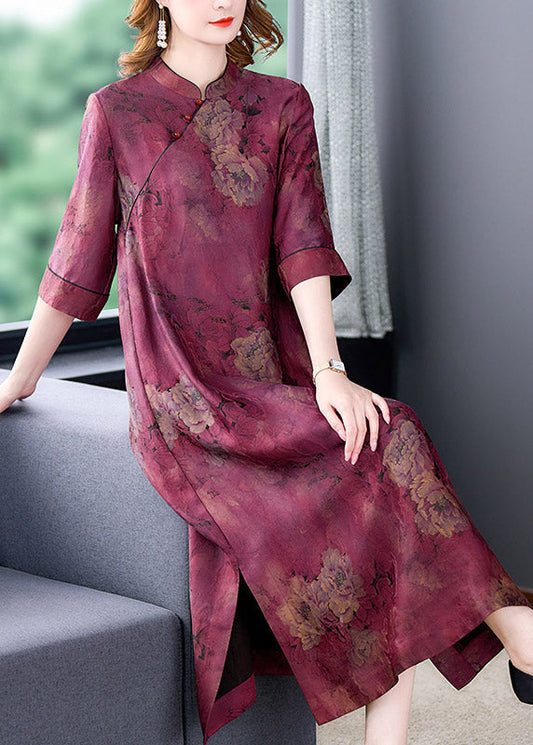 Fashion Purple Stand Collar Print Button Side Open Silk Long Dresses Summer LY3750 - fabuloryshop