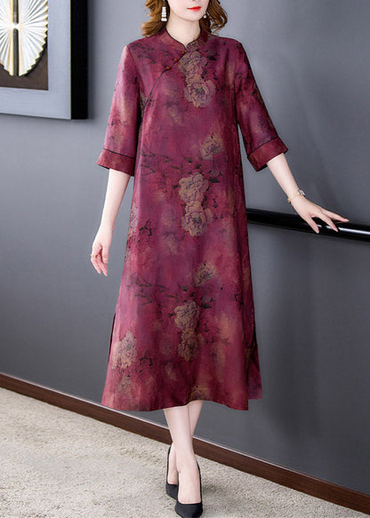 Fashion Purple Stand Collar Print Button Side Open Silk Long Dresses Summer LY3750 - fabuloryshop