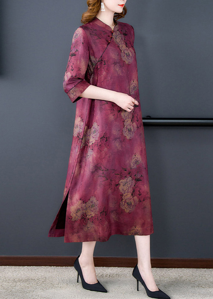 Fashion Purple Stand Collar Print Button Side Open Silk Long Dresses Summer LY3750 - fabuloryshop