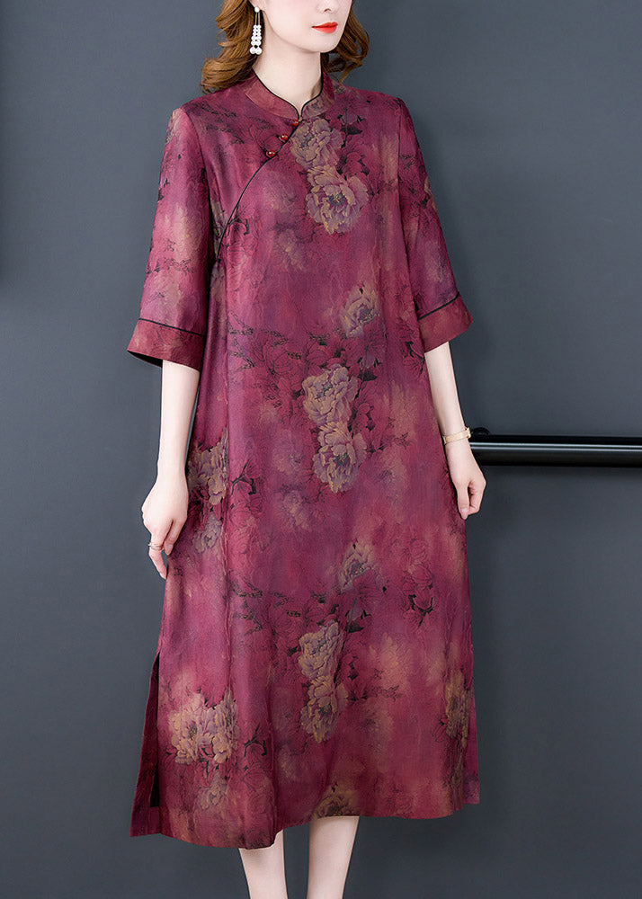 Fashion Purple Stand Collar Print Button Side Open Silk Long Dresses Summer LY3750 - fabuloryshop