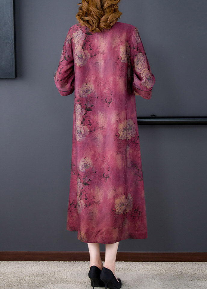 Fashion Purple Stand Collar Print Button Side Open Silk Long Dresses Summer LY3750 - fabuloryshop