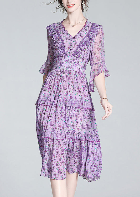 Fashion Purple V Neck Print Wrinkled Button Silk Long Dress Half Sleeve LY1036 - fabuloryshop