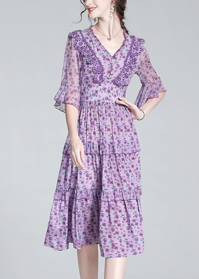 Fashion Purple V Neck Print Wrinkled Button Silk Long Dress Half Sleeve LY1036 - fabuloryshop