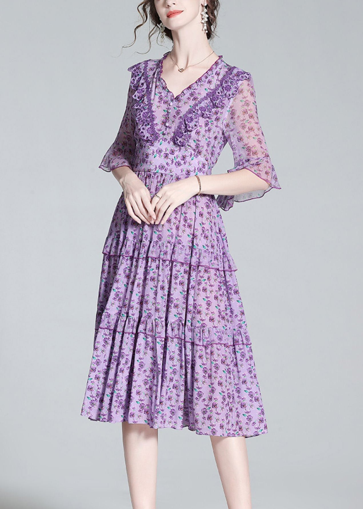 Fashion Purple V Neck Print Wrinkled Button Silk Long Dress Half Sleeve LY1036 - fabuloryshop