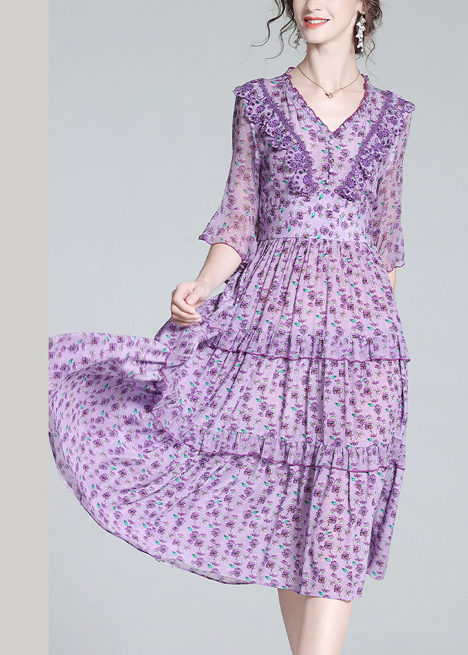 Fashion Purple V Neck Print Wrinkled Button Silk Long Dress Half Sleeve LY1036 - fabuloryshop