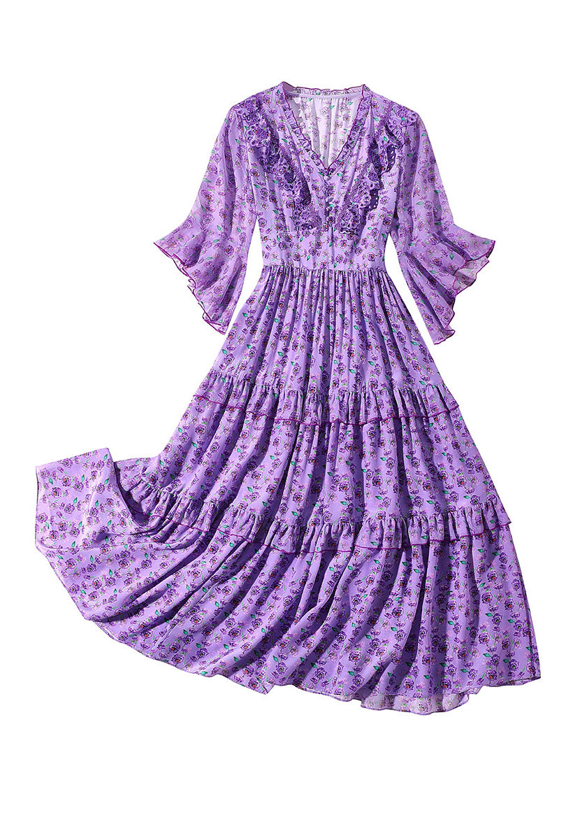 Fashion Purple V Neck Print Wrinkled Button Silk Long Dress Half Sleeve LY1036 - fabuloryshop