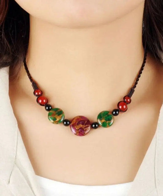 Fashion Red Agate Green Agate Golden Colored Stone Gratuated Bead Necklace Ada Fashion