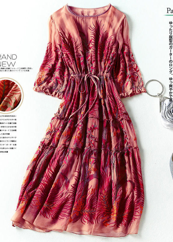 Fashion Red Embroideried Cinched Silk Dresses Bracelet Sleeve LY0996 - fabuloryshop