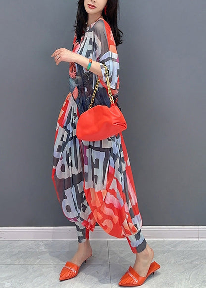 Fashion Red Graphic Print Chiffon Top And Lantern Pants Two Piece Set Short Sleeve LY4397 - fabuloryshop