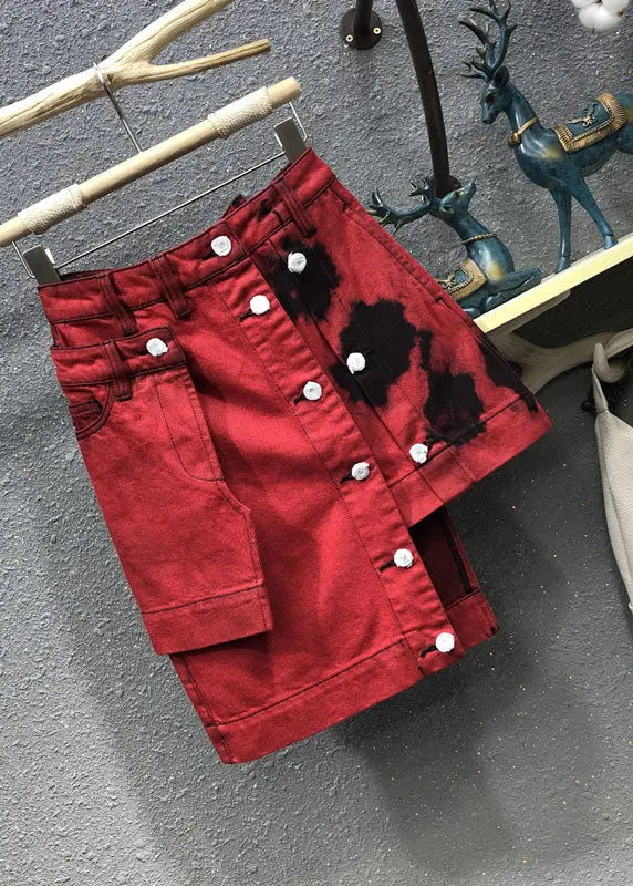 Fashion Red High Waist Patchwork Button Asymmetrical Denim Skirt Summer Ada Fashion