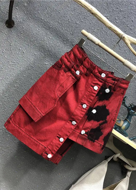 Fashion Red High Waist Patchwork Button Asymmetrical Denim Skirt Summer Ada Fashion