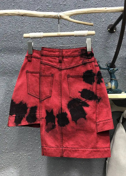 Fashion Red High Waist Patchwork Button Asymmetrical Denim Skirt Summer Ada Fashion