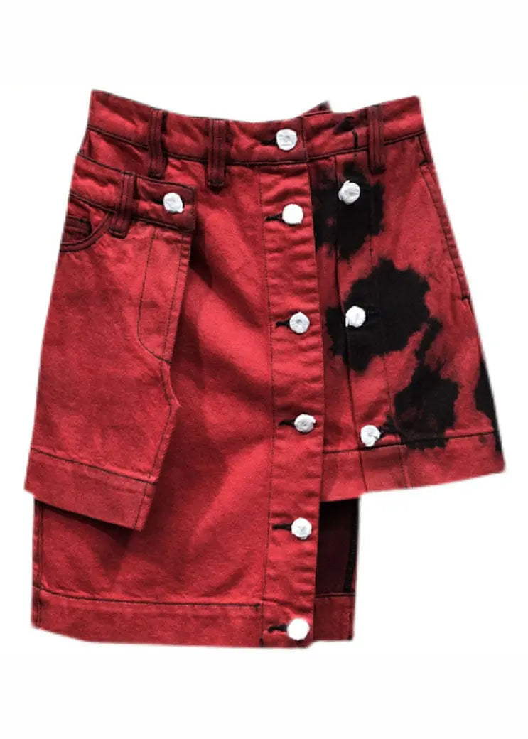 Fashion Red High Waist Patchwork Button Asymmetrical Denim Skirt Summer Ada Fashion