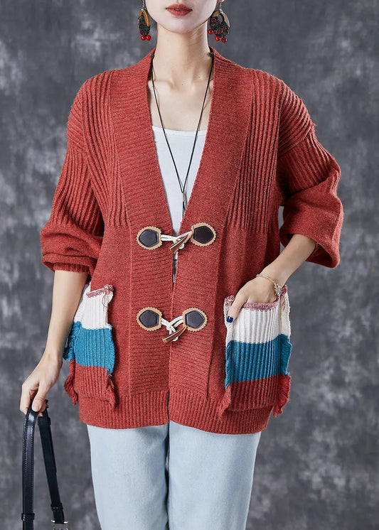 Fashion Red Oversized Patchwork Pockets Knit Cardigan Fall Ada Fashion