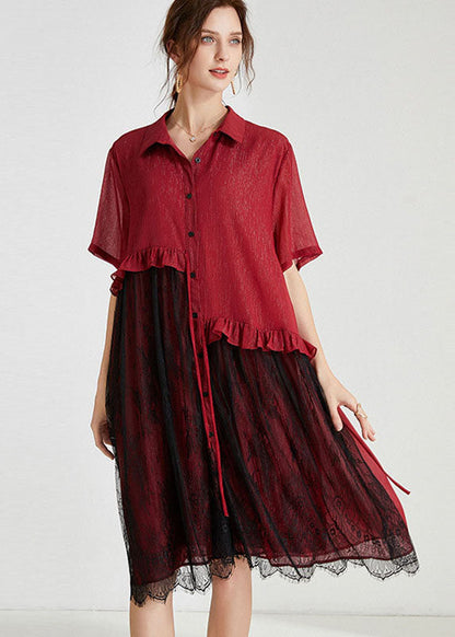 Fashion Red Peter Pan Collar Lace Patchwork Tasseled Chiffon Day Dress Spring LY0019 - fabuloryshop