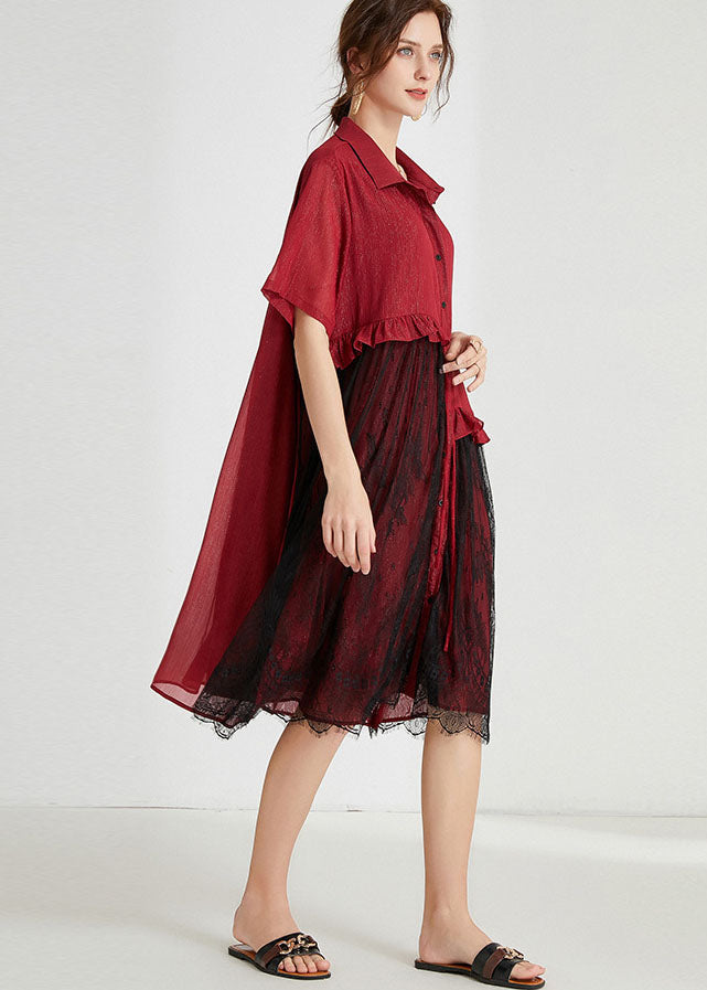 Fashion Red Peter Pan Collar Lace Patchwork Tasseled Chiffon Day Dress Spring LY0019 - fabuloryshop