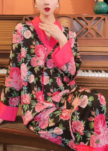 Fashion Red Peter Pan Collar Print Ice Silk Pajamas Two Pieces Set Spring TO1050 - fabuloryshop