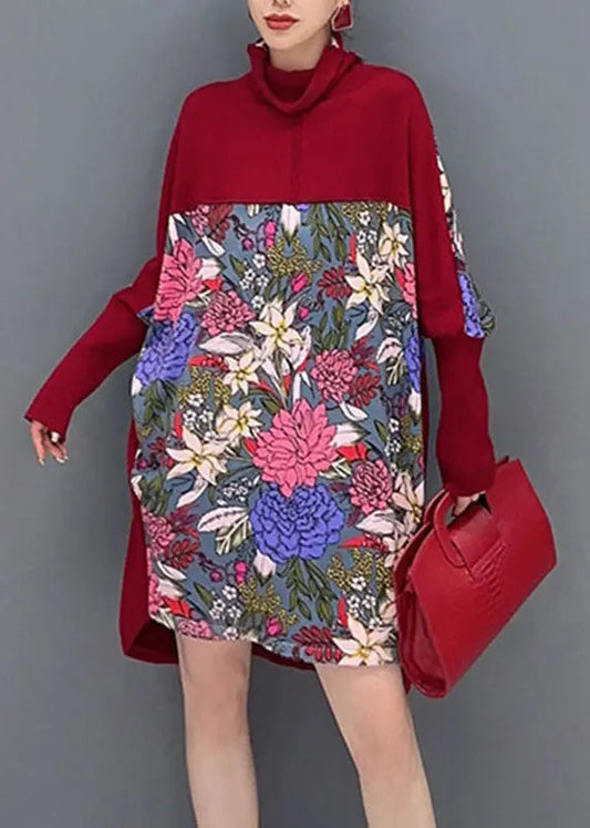 Fashion Red Print Knit Patchwork Tops Long Sleeve Ada Fashion