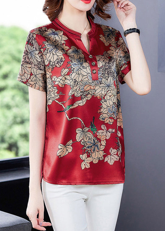 Fashion Red Print Silk Shirt Summer LY5191 - fabuloryshop