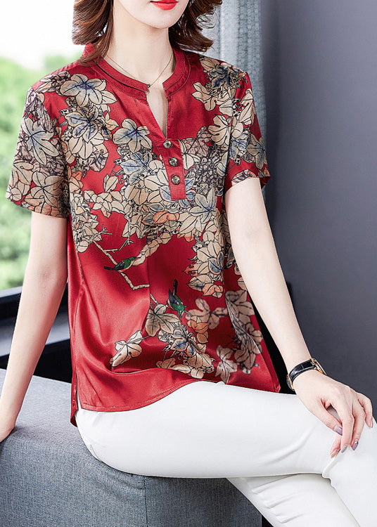 Fashion Red Print Silk Shirt Summer LY5191 - fabuloryshop