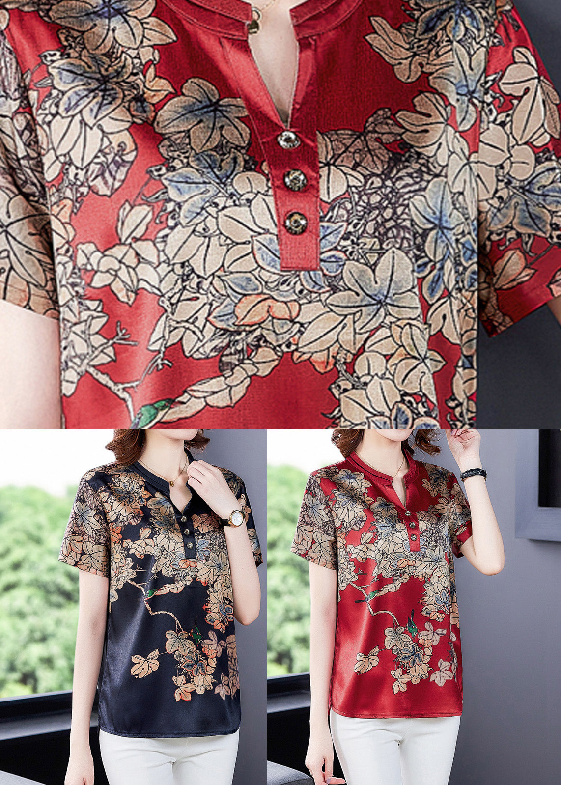 Fashion Red Print Silk Shirt Summer LY5191 - fabuloryshop