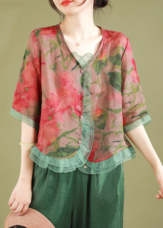 Fashion Red Ruffled Button Patchwork Linen Blouse Top Summer Ada Fashion