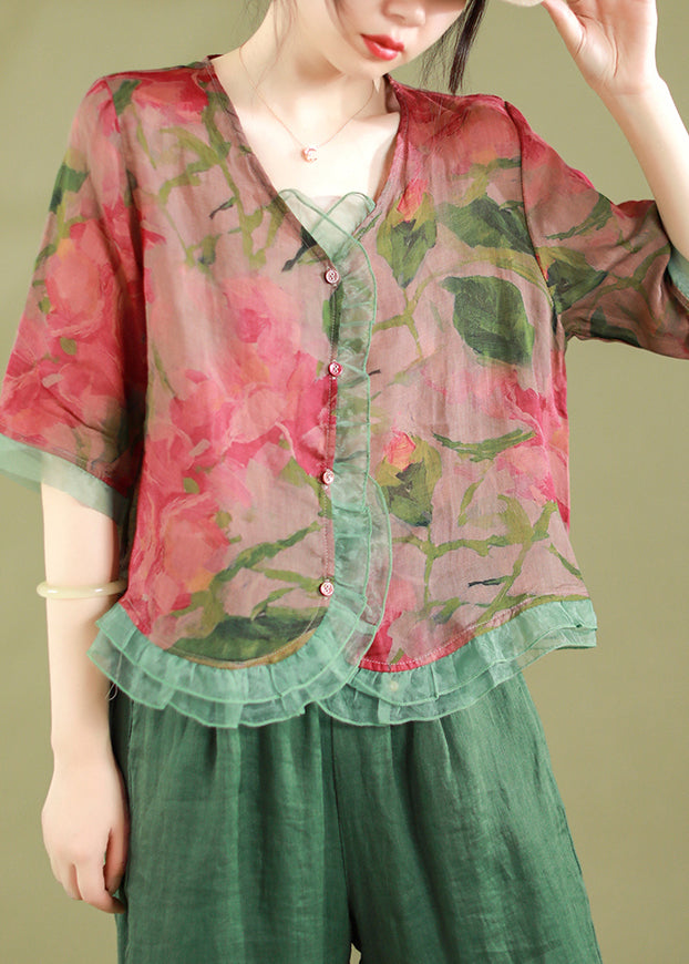 Fashion Red Ruffled Button Patchwork Linen Blouse Top Summer Ada Fashion