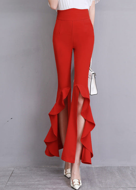 Fashion Red Ruffled Side Open Slim Bell Bottomed Trousers Summer LY0176 - fabuloryshop