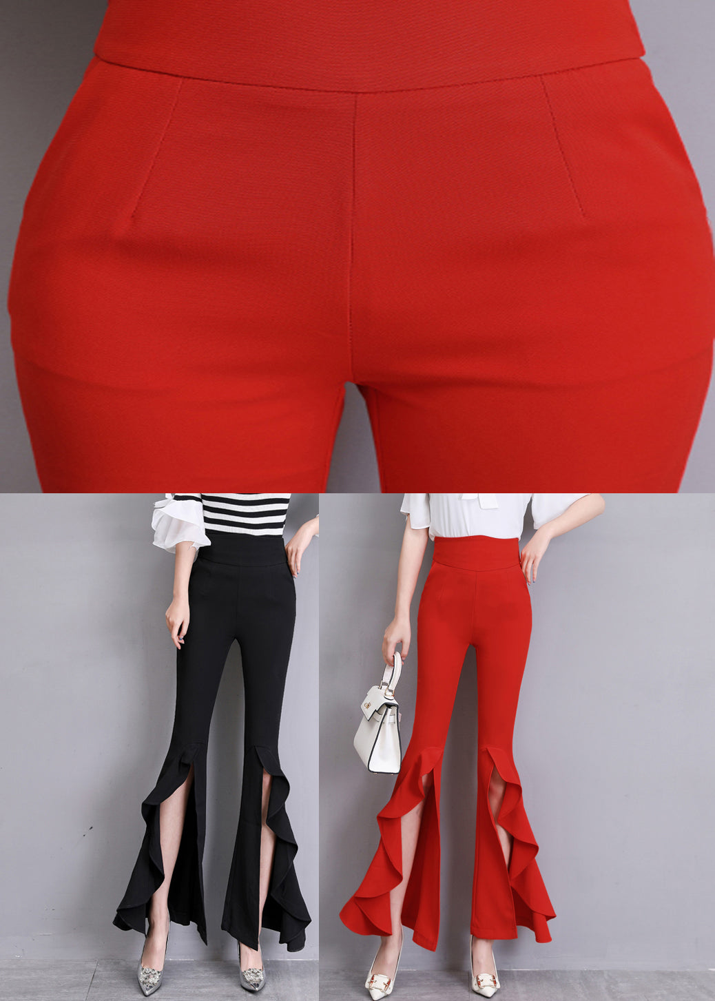 Fashion Red Ruffled Side Open Slim Bell Bottomed Trousers Summer LY0176 - fabuloryshop