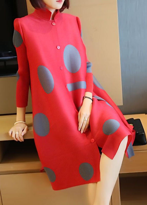 Fashion Red Stand Collar Dot Print Side Open Holiday Dresses Spring LY1483 - fabuloryshop