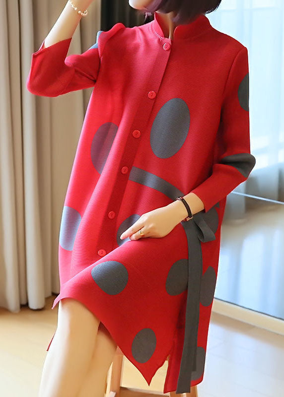 Fashion Red Stand Collar Dot Print Side Open Holiday Dresses Spring LY1483 - fabuloryshop