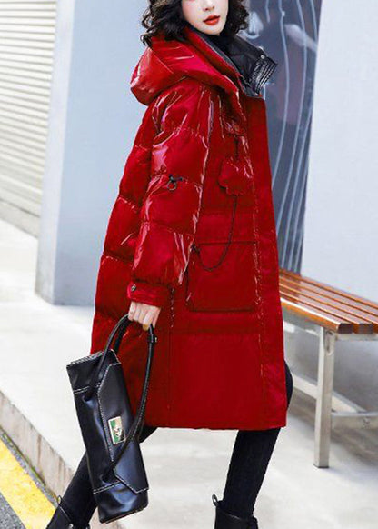 Fashion Red Stand Collar Zippered Patchwork Bright Hooded Long Fine Cotton Filled Coats Winter Ada Fashion