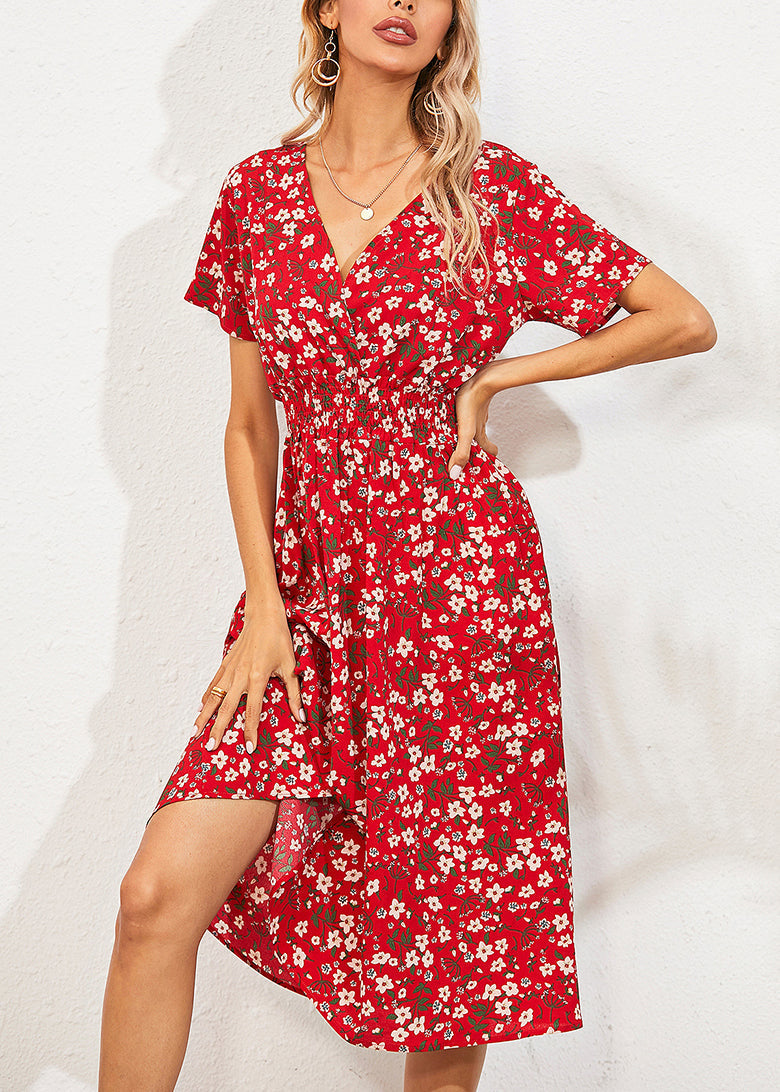 Fashion Red V Nec Print Long Dress Summer LY1958 - fabuloryshop