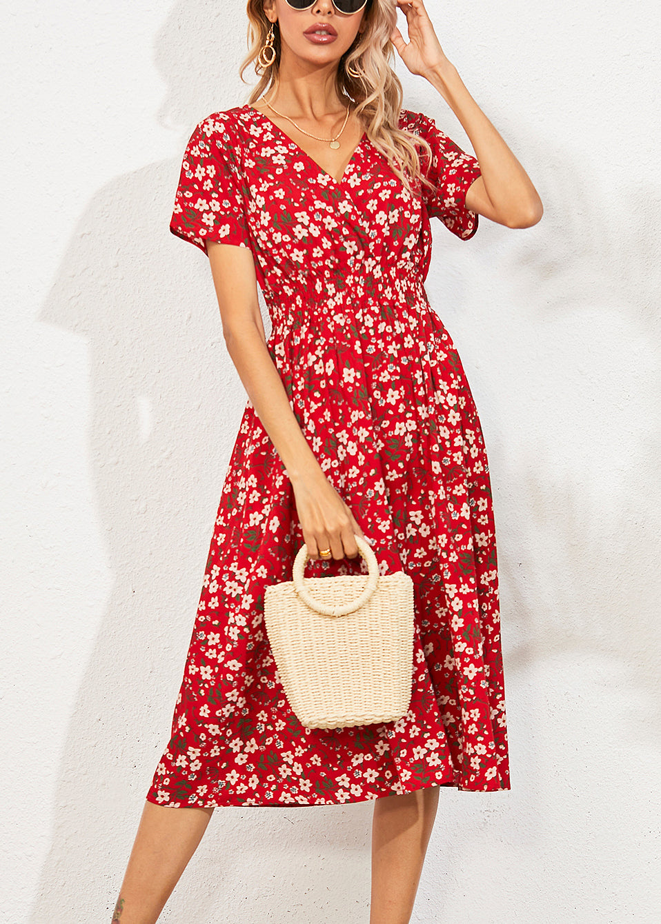 Fashion Red V Nec Print Long Dress Summer LY1958 - fabuloryshop