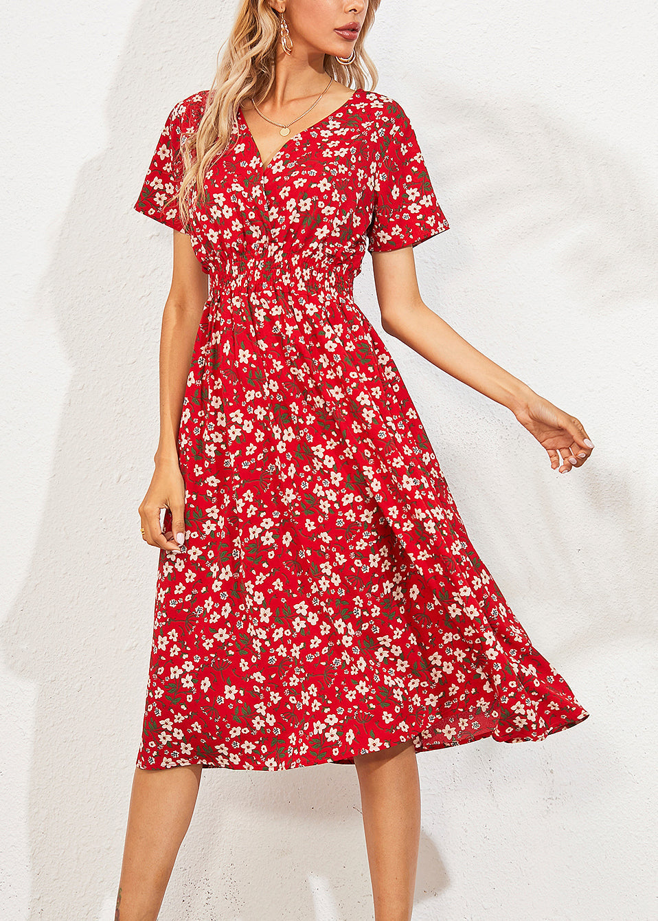 Fashion Red V Nec Print Long Dress Summer LY1958 - fabuloryshop