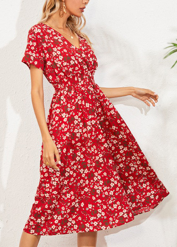 Fashion Red V Nec Print Long Dress Summer LY1958 - fabuloryshop