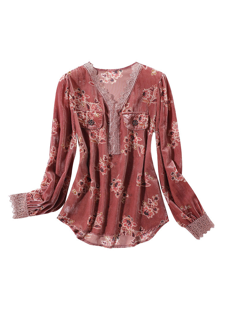 Fashion Red V Neck Print Lace Patchwork Silk Velour Top Spring LY0716 - fabuloryshop