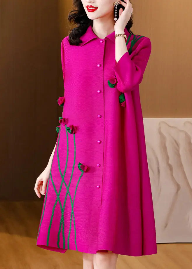 Fashion Rose Button Mid Dresses Long Sleeve Ada Fashion