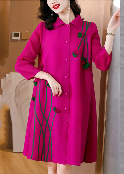 Fashion Rose Button Mid Dresses Long Sleeve Ada Fashion