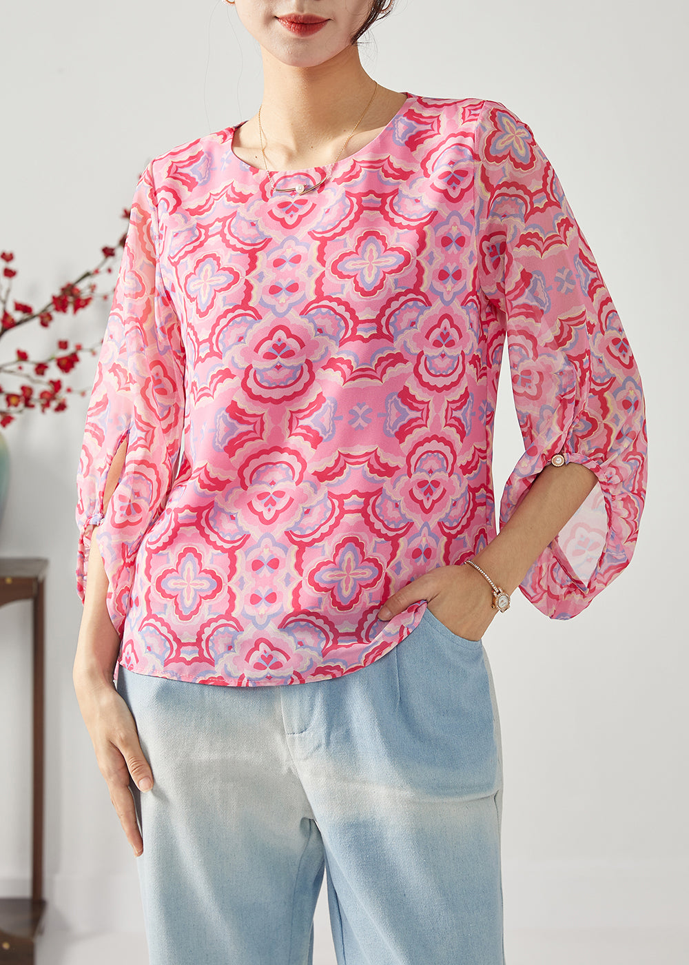 Fashion Rose Oversized Print Chiffon Shirt Top Bracelet Sleeve LY1115 - fabuloryshop