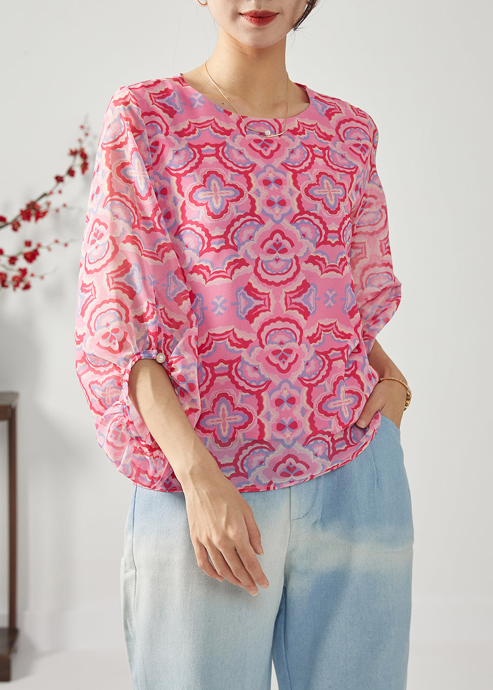 Fashion Rose Oversized Print Chiffon Shirt Top Bracelet Sleeve LC0385 - fabuloryshop